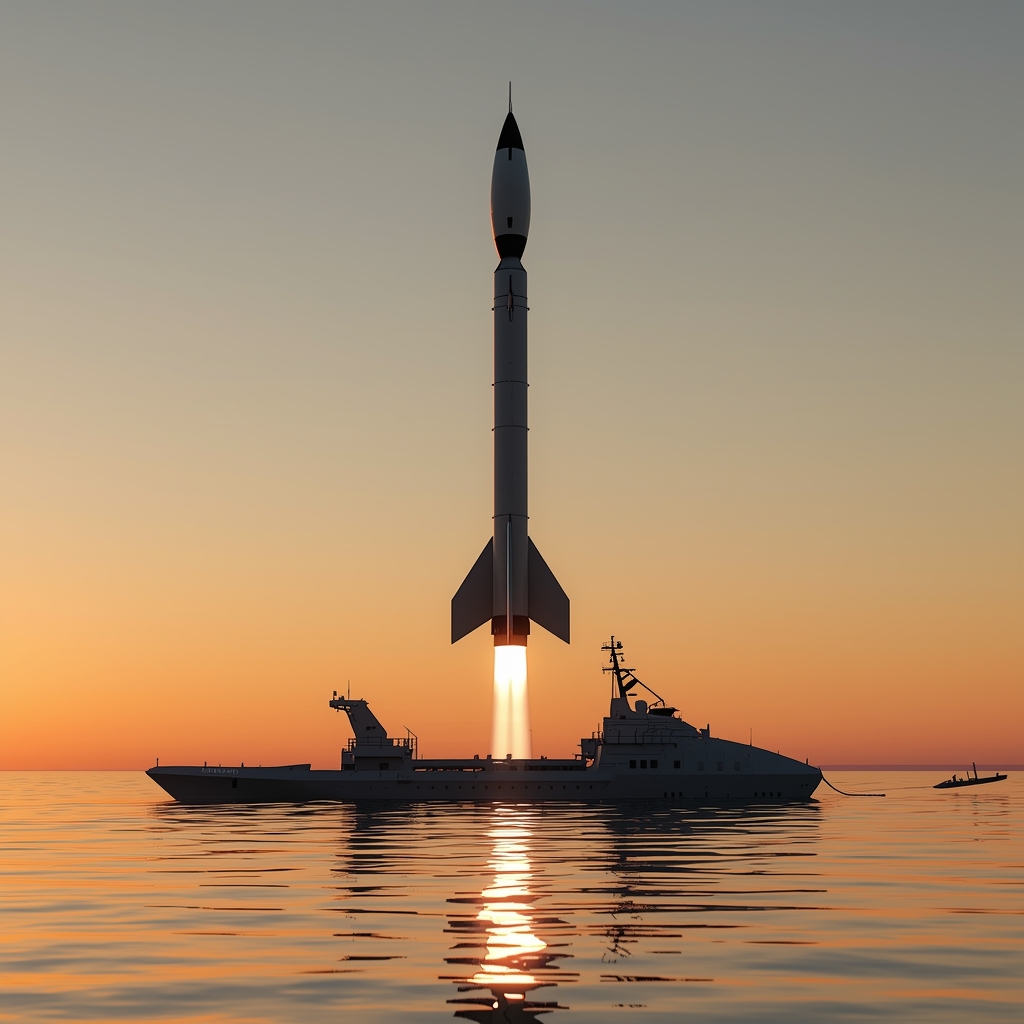 A highly detailed, realistic digital painting of a futuristic reusable rocket landing vertically on a drone ship in the middle of a calm ocean at sunset, cinematic lighting, 8k resolution, no woman
